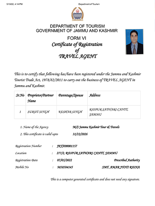Jammu and Kashmir Tourism registration certificate